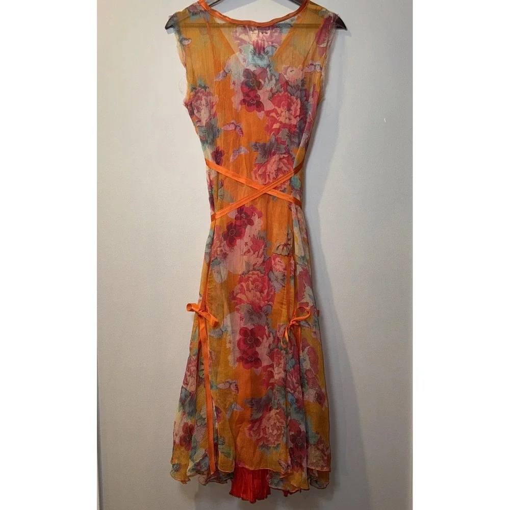 JOHNNY WAS 100% Silk Maxi Dress Sz S Orange Floral Tiered Lined Boho Ribbon Slip - Picture 14 of 16